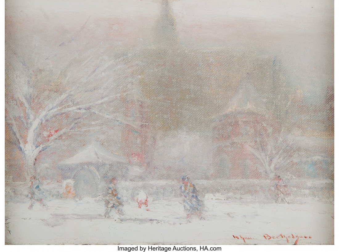 Johann Berthelsen (American, 1883-1972) New York: Johann Berthelsen (American, 1883-1972) New York Blanketed in Snow (pair) Oil on board (each) 6 x 8 inches (15.2 x 20.3 cm) Each signed lowe