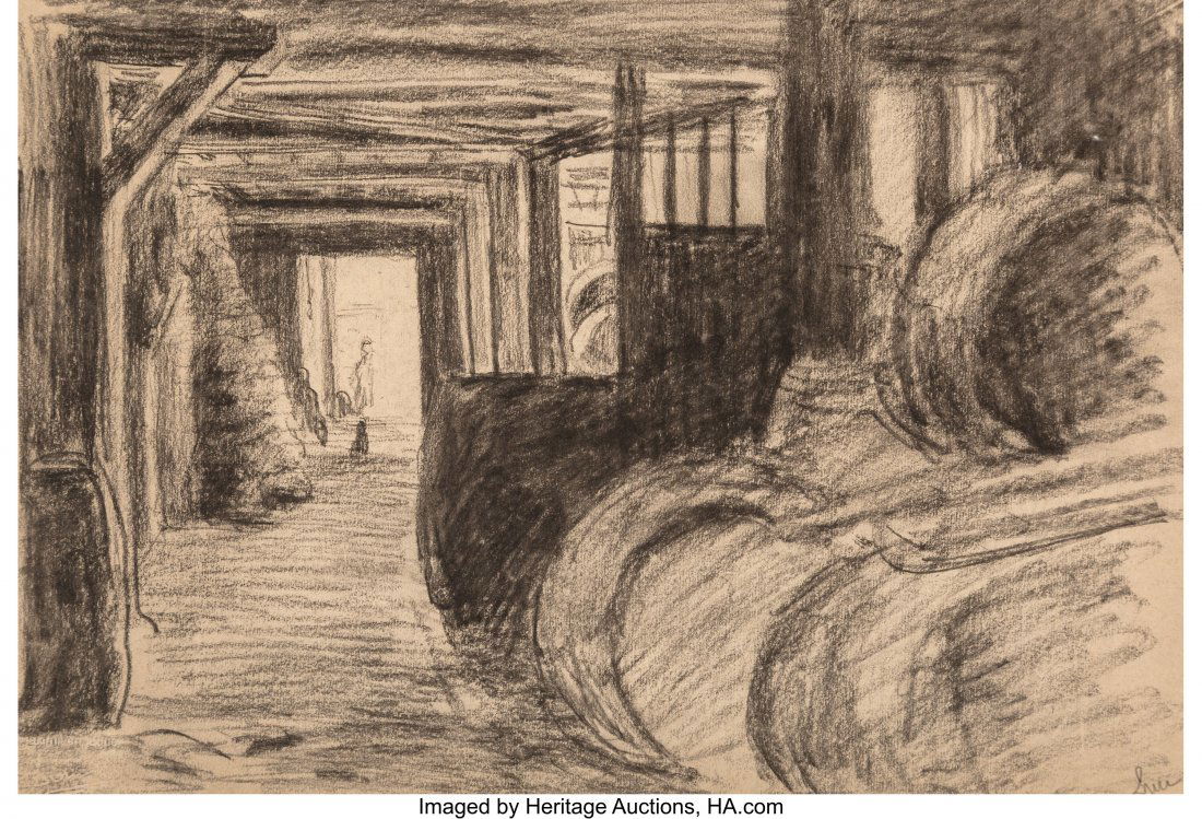 Maximilien Luce (French, 1858-1941) Un magasin d: Maximilien Luce (French, 1858-1941) Un magasin dans le marais Charcoal with graphite on card 10-3/8 x 13-7/8 inches (26.4 x 35.2 cm) Signed lower right&