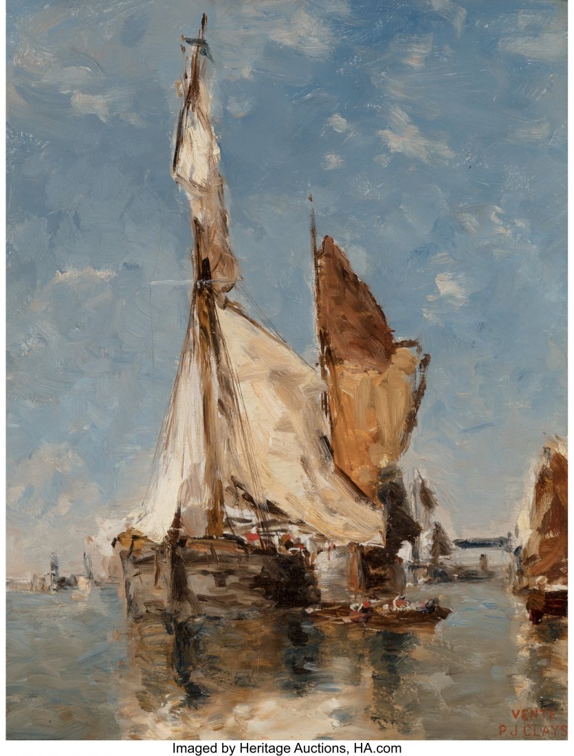 Paul Jean Clays (Belgian, 1819-1900) Ships at po: Paul Jean Clays (Belgian, 1819-1900) Ships at port Oil on panel 12-1/2 x 9-1/4 inches (31.8 x 23.5 cm); sight Stamped lower right: Vente &sol