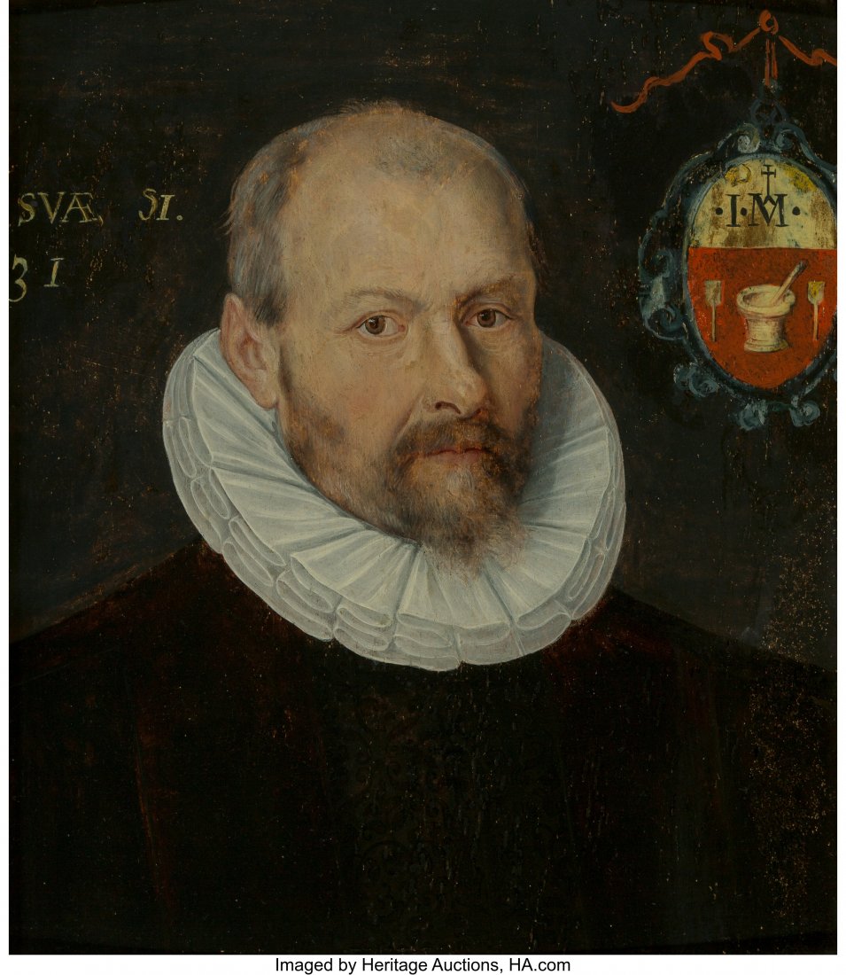 Continental School (17th Century) Portrait of an: German School (16th Century) Portrait of a Physician, aged 51, circa 1600 Oil on panel 14-1/4 x 12-3/4 inches (36.2 x 32.4 cm) Inscribed upper lef