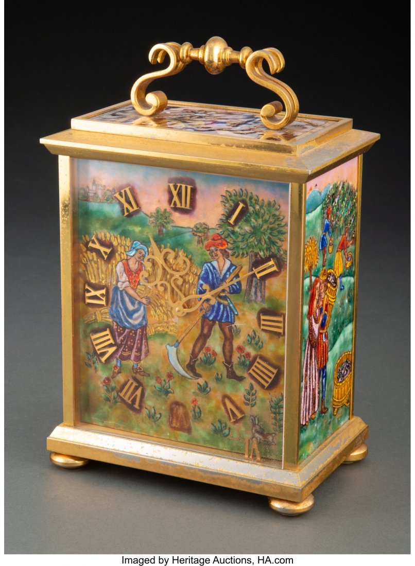 An Arthur Imhof Enameled and Gilt Bronze Carriag: An Arthur Imhof Enameled and Gilt Bronze Carriage Clock, 20th century Marks: A.I. Imhof, 153 785, SWISS 8-1/2 x 6 x 4 inches (21.6 x 15.2 x