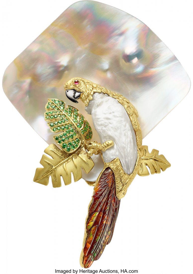 Avi Multi-Stone, Freshwater Cultured Pearl, Gold: Avi Multi-Stone, Freshwater Cultured Pearl, Gold Brooch Stones: Round-cut tsavorite garnets weighing a total of 1.10 carats; ruby cabochon; carved fire agate and hem