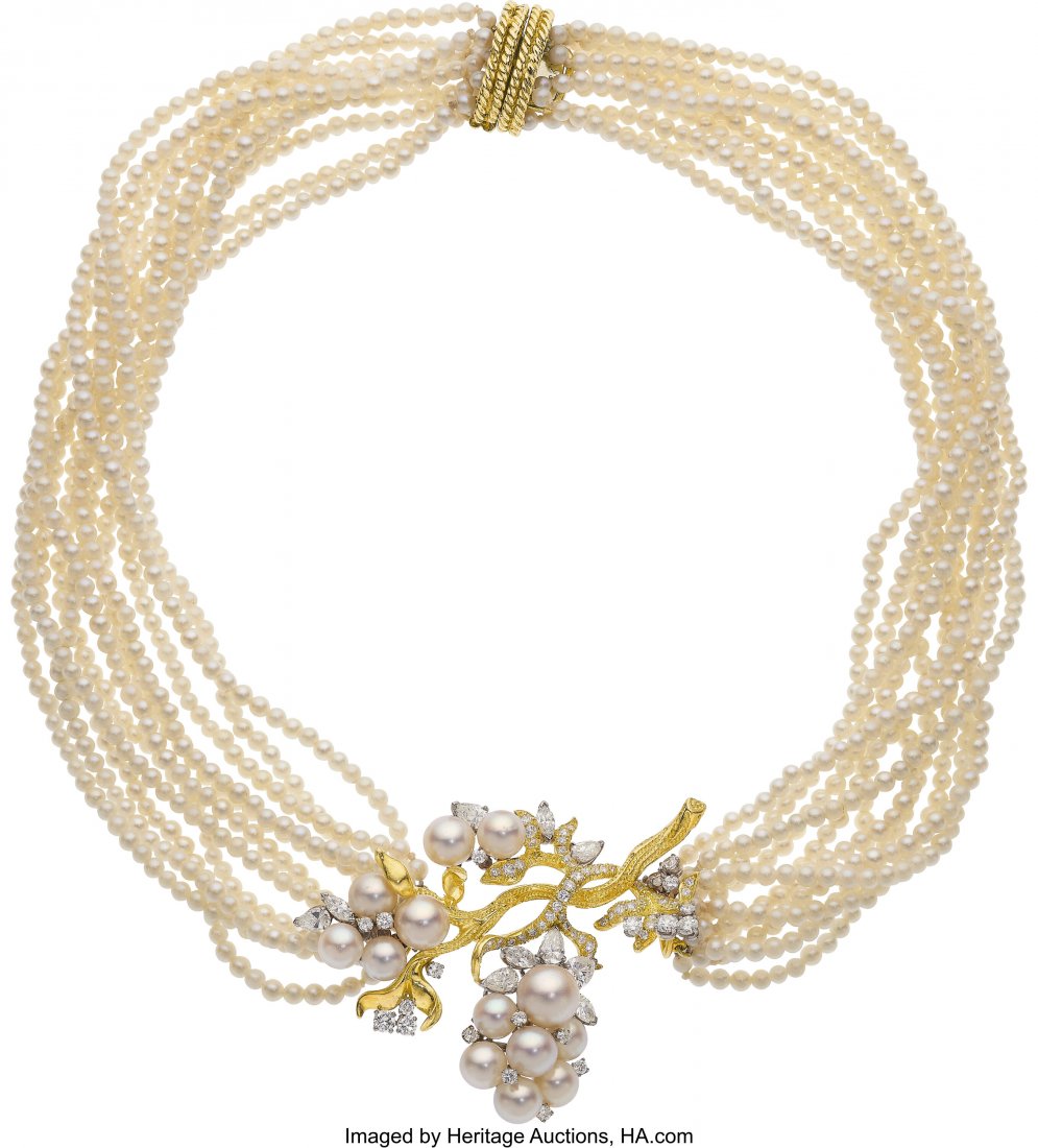 Julius Cohen Diamond, Cultured Pearl, Platinum,: Julius Cohen Diamond, Cultured Pearl, Platinum, Gold Necklace Stones: Full-cut diamonds weighing a total of approximately 2.35 carats; pear and marquise-shaped diam