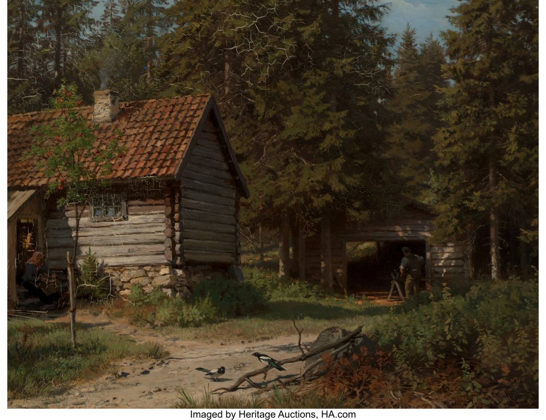 Hans Fredrik Gude (Norwegian, 1825-1903) Woodlan: Hans Fredrik Gude (Norwegian, 1825-1903) Woodland cottage, 1884 Oil on panel 13-3/4 x 18 inches (34.9 x 45.7 cm) Signed and dated lower right: HF Gude Property from a Private Family Collection, Dallas