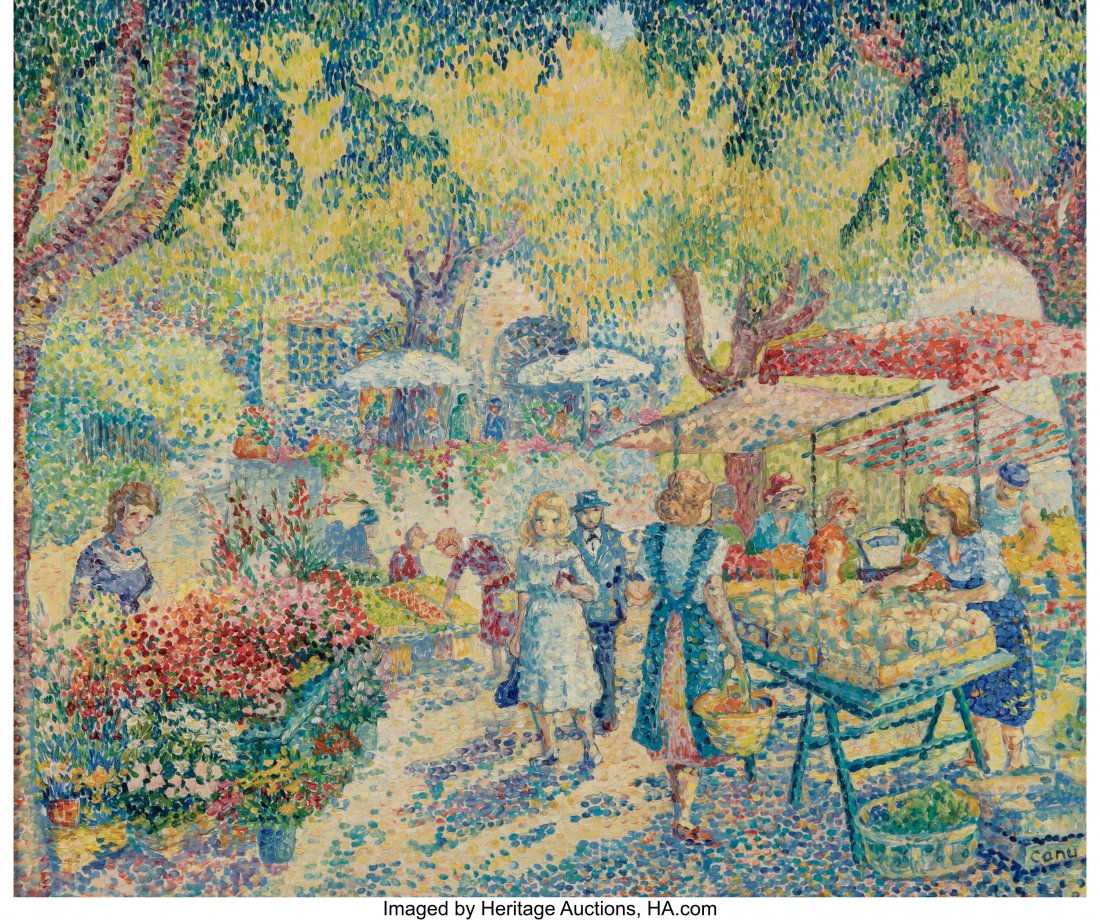 Yvonne Canu (French, 1921-2007) Marché de Grima: Yvonne Canu (French, 1921-2007) Marché de Grimaud Oil on canvas 18 x 21-3/4 inches (45.7 x 55.2 cm) Signed lower right: Canu Inscribed on the r