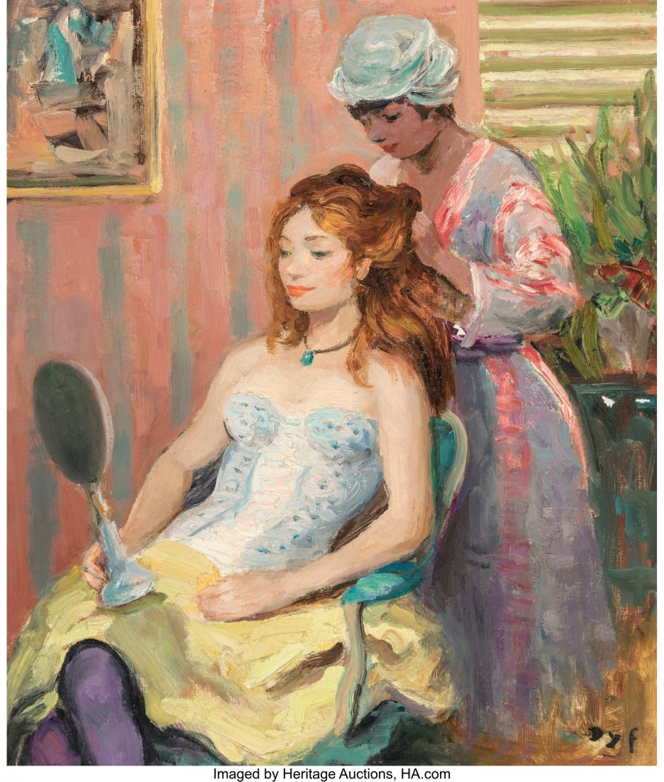 Marcel Dyf (French, 1899-1985) La coiffeuse, 197: Marcel Dyf (French, 1899-1985) La coiffeuse, 1976 Oil on canvas 21-3/4 x 18 inches (55.2 x 45.7 cm) Signed lower right: Dyf PROVENANCE: Private collection, Tulsa, Oklahoma. We wish to thank Claudine D