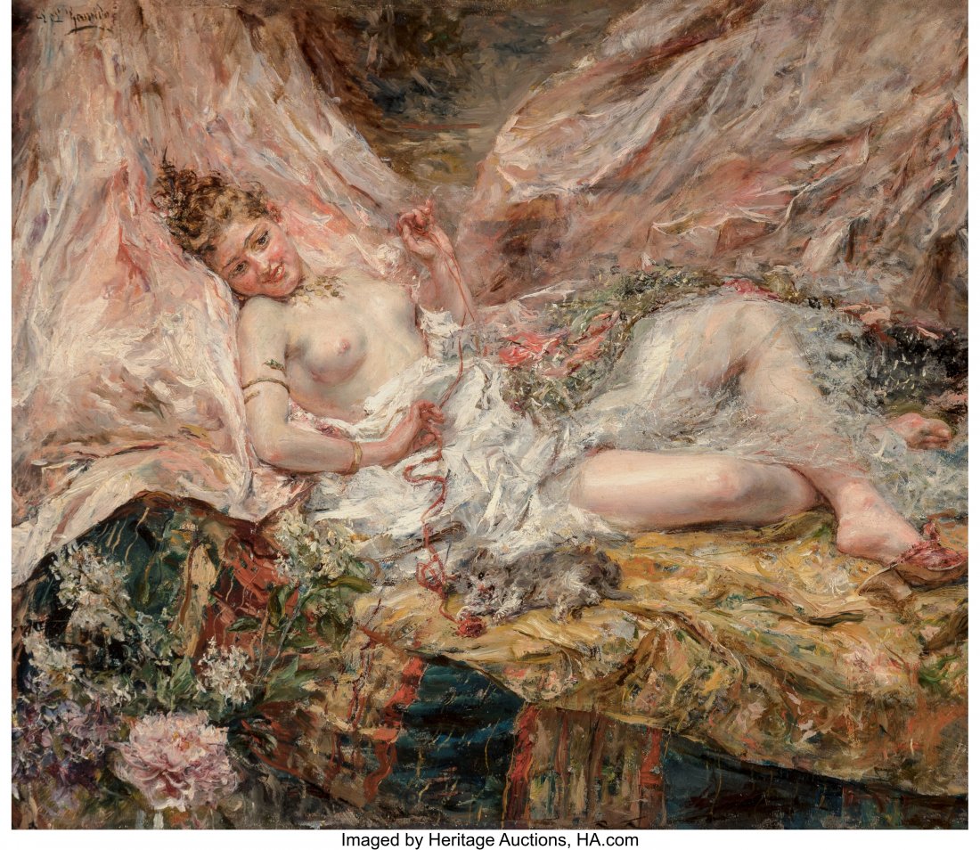 Eduardo León Garrido (Spanish, 1856-1949) Two v: Eduardo León Garrido (Spanish, 1856-1949) Two voluptuaries, circa 1890 Oil on panel 14-1/2 x 17-1/2 inches (36.8 x 44.5 cm); sight Sig