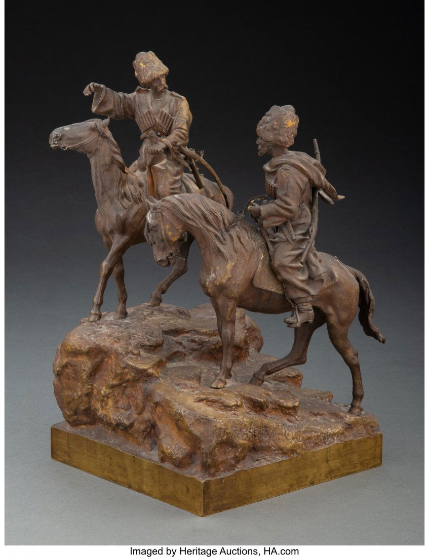 After Vasili Grachev (Russian, 1831-1905) Two Co: After Vasili Grachev (Russian, 1831-1905) Two Cossacks on Horseback Bronze 10 x 6 inches (25.4 x 15.2 cm) incised in casting FABR. C.F. WOE