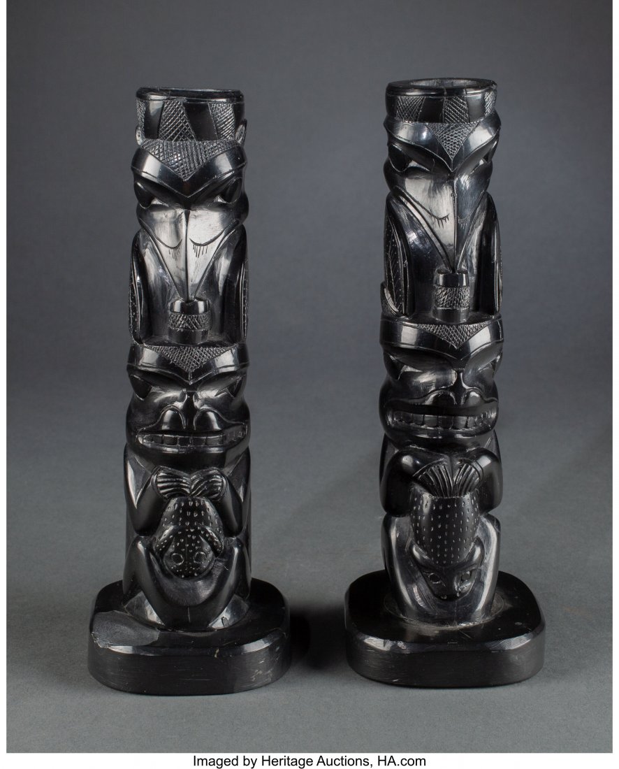 A Pair of Haida Carved Argillite Candlesticks  c (1 of 3)