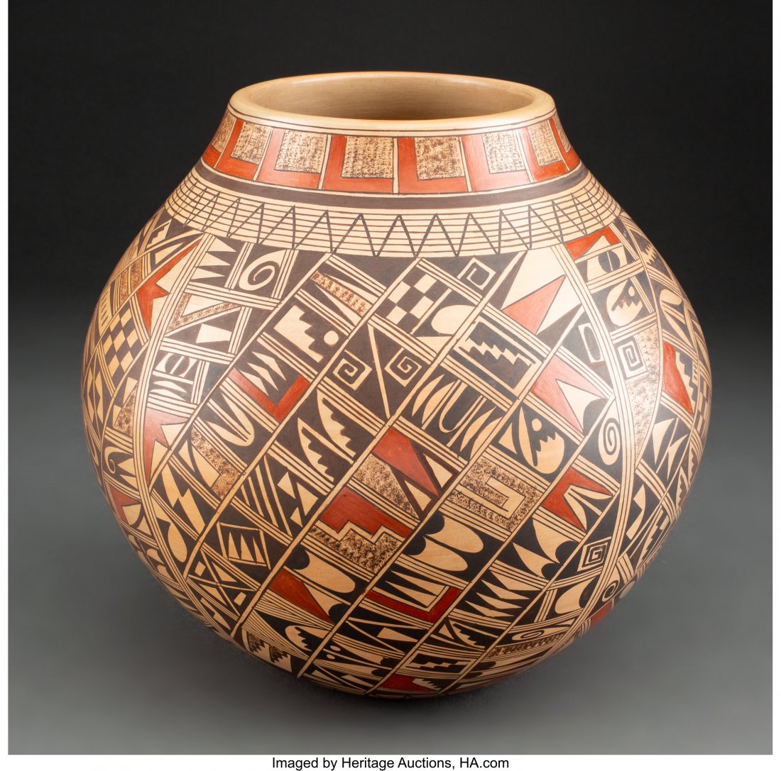A Hopi Polychrome Jar Rondina Huma c. 1990 cl: A Hopi Polychrome Jar Rondina Huma c. 1990 clay, paint, signed on the base Rondina Huma, Tewa, Polacca, Az. Provenance: From a Prominent Estate,