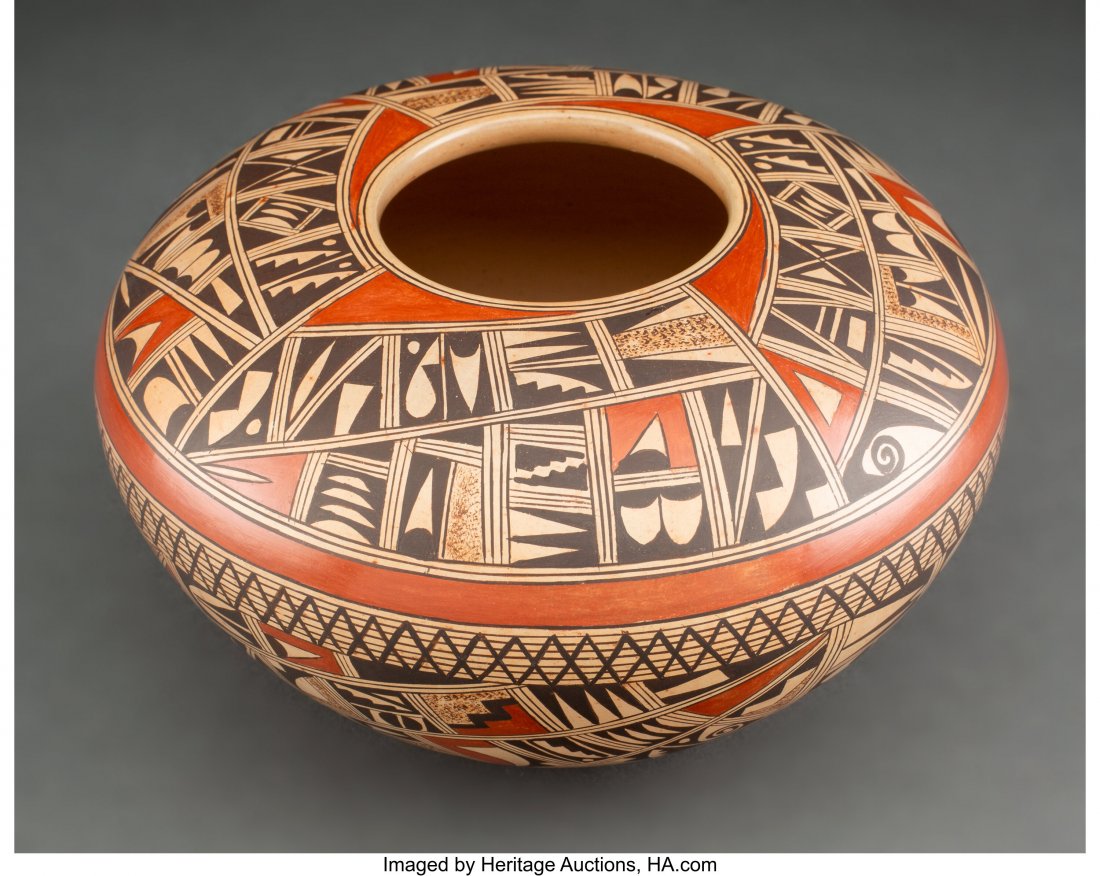A Hopi Polychrome Jar Rondina Huma c. 1990 cl: A Hopi Polychrome Jar Rondina Huma c. 1990 clay, paint, signed on the base Rondina Huma, Tewa, Polacca, Az. Provenance: From a Prominent Estate,