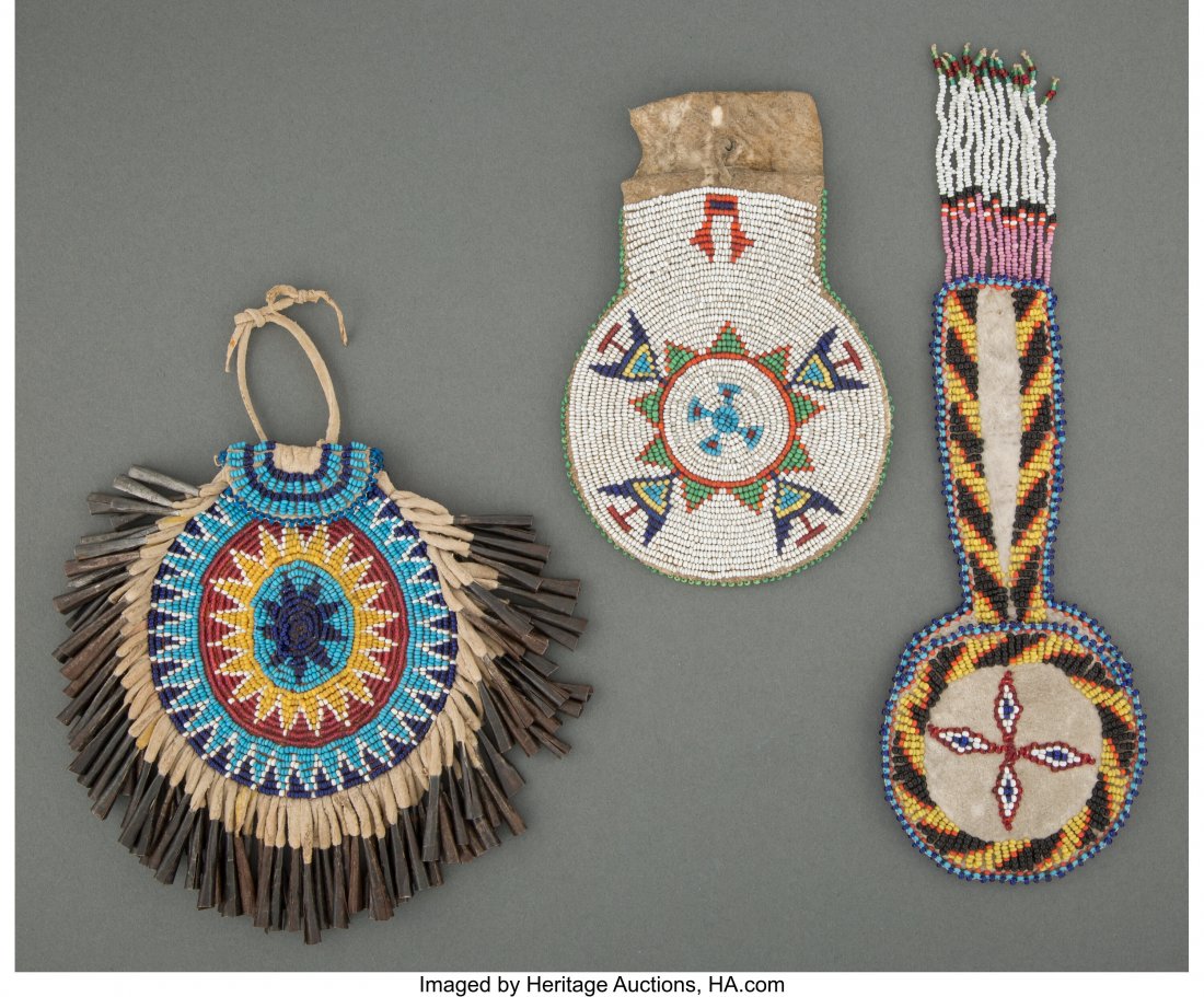 Three Apache Beaded Hide Pouches  Heights: rangi (1 of 2)