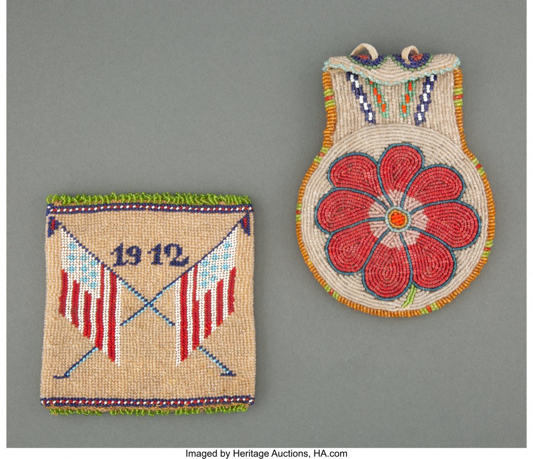 Two Plateau Beaded Hide Pouches  Heights: 5 and (1 of 2)