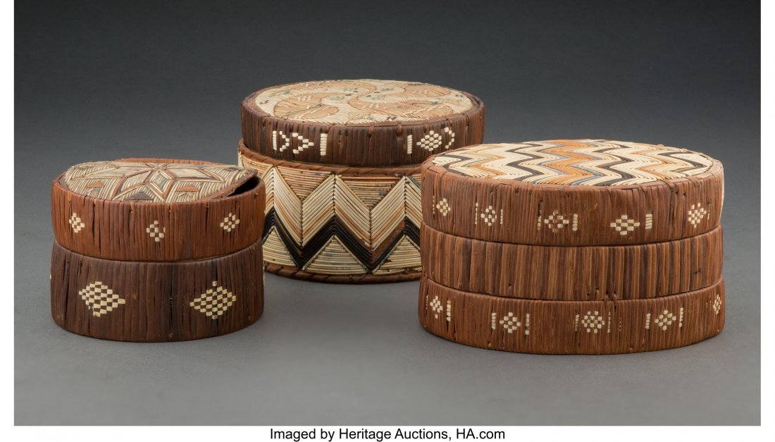 Three Micmac Quilled Birchbark Boxes   Diameters (1 of 2)