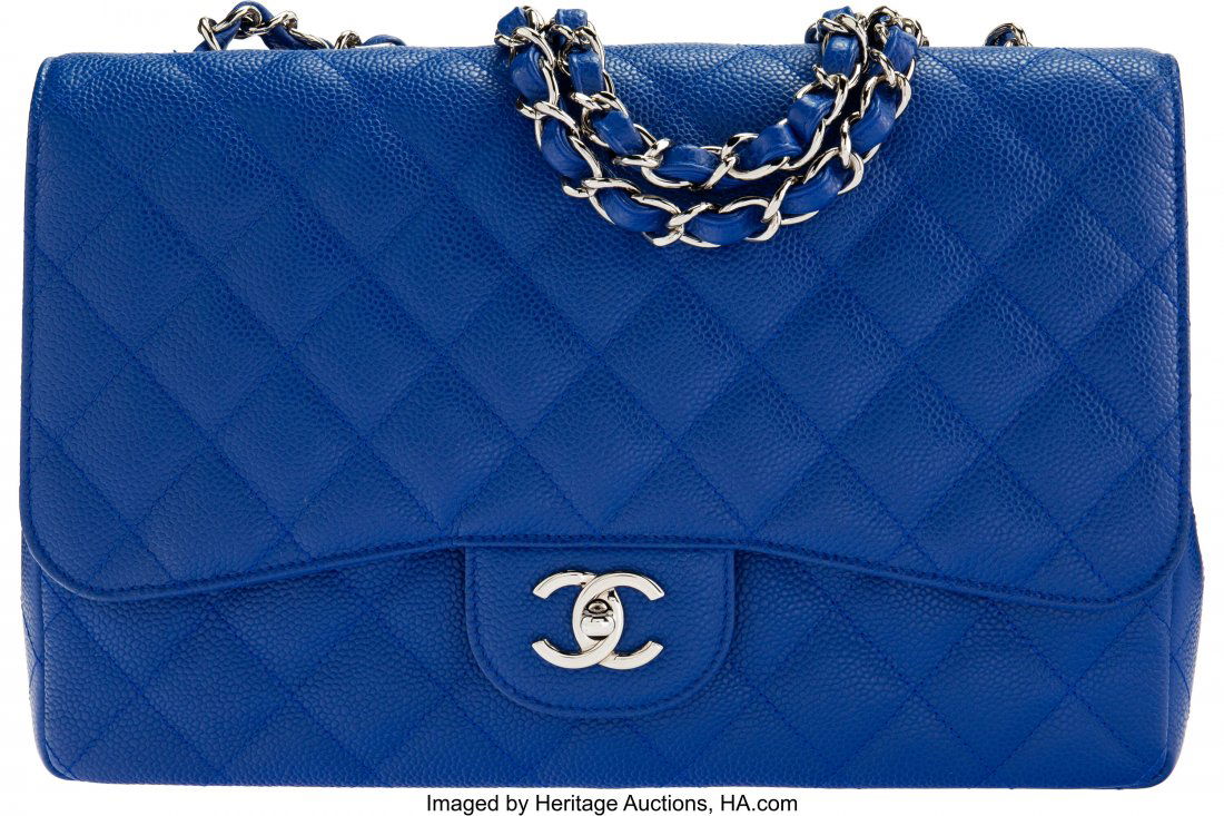 Chanel Blue Quilted Caviar Leather Jumbo Flap Ba (1 of 4)