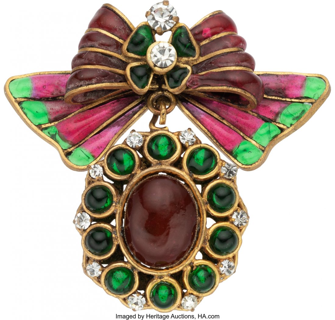 Chanel Vintage Red & Green Gripoix Bow Brooch wi (1 of 1)