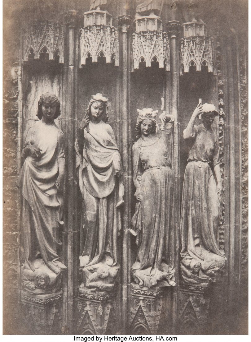 Charles Marville (French, 1816-1879) Figures du: Charles Marville (French, 1816-1879) Figures du grand portail de la Cathedrale de Strasbourg (les vertus terrassant les vices), 1852 Blanquart-Evrard salt print from wa