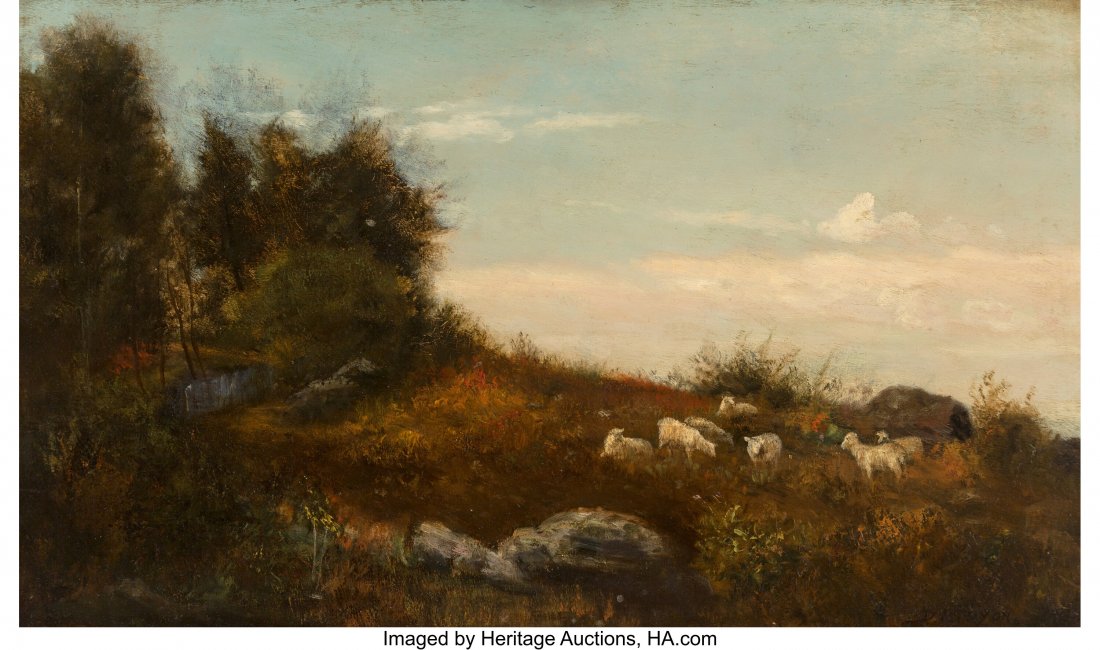 Dwight William Tryon (American, 1849-1925) Lands: Dwight William Tryon (American, 1849-1925) Landscape with sheep Oil on panel 12 x 19-3/4 inches (30.5 x 50.2 cm) Signed lower right: D. W&perio
