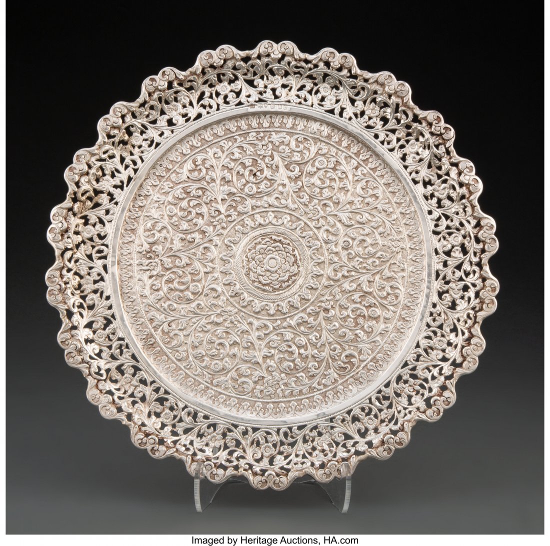 A Harry Atkin Pierced Repoussé Silver Waiter, L: A Harry Atkin Pierced Repoussé Silver Waiter, London, 1885 Marks: (lion passant), (leopard's head), F, K, (duty mark)&com