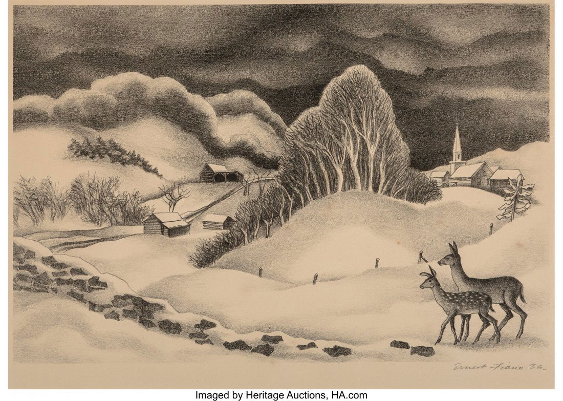 Ernest Fiene (American, 1894-1965) Winter Evenin: Ernest Fiene (American, 1894-1965) Winter Evening, 1936 Lithograph on paper 8-1/8 x 12-1/8 inches (20.6 x 30.8 cm) (image) Signed and da