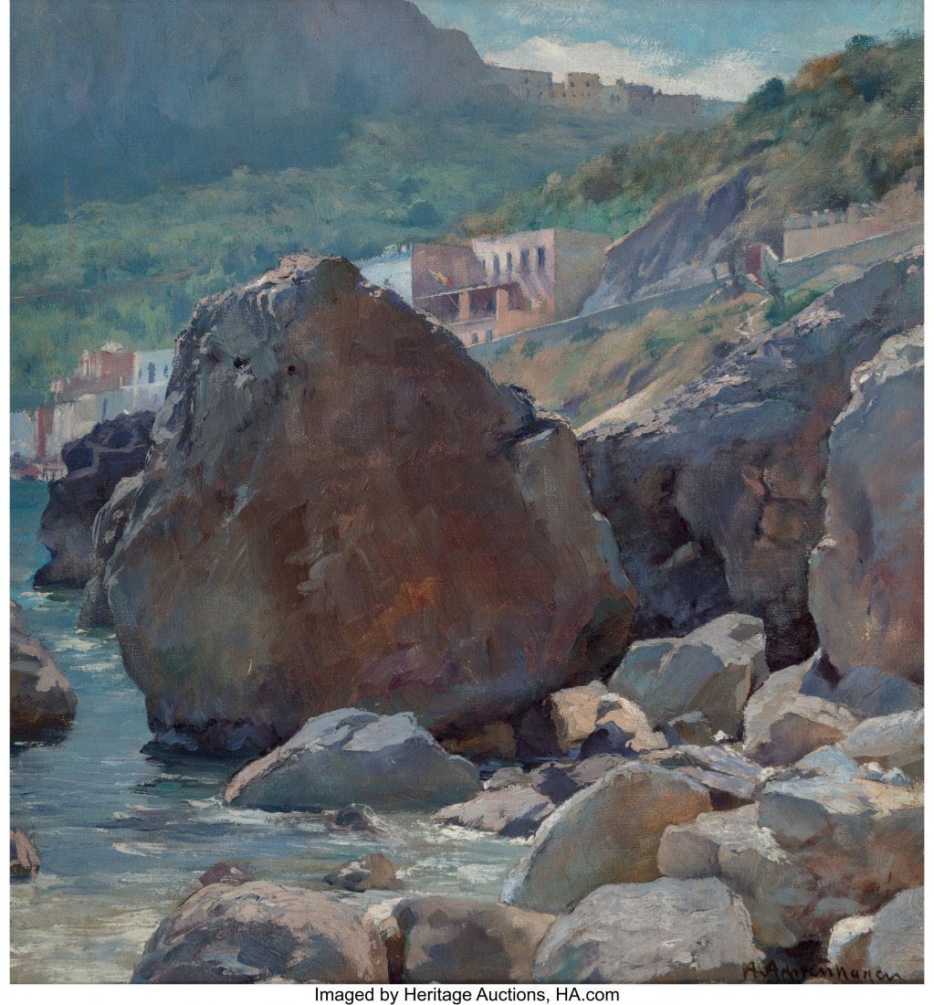 August Achtenhagen (German, 1865-1938) Rocky coa: August Achtenhagen (German, 1865-1938) Rocky coast beneath a seaside town Oil on canvas laid on board 18 x 16-1/2 inches (45.7 x 41.9 cm) Signed lower right
