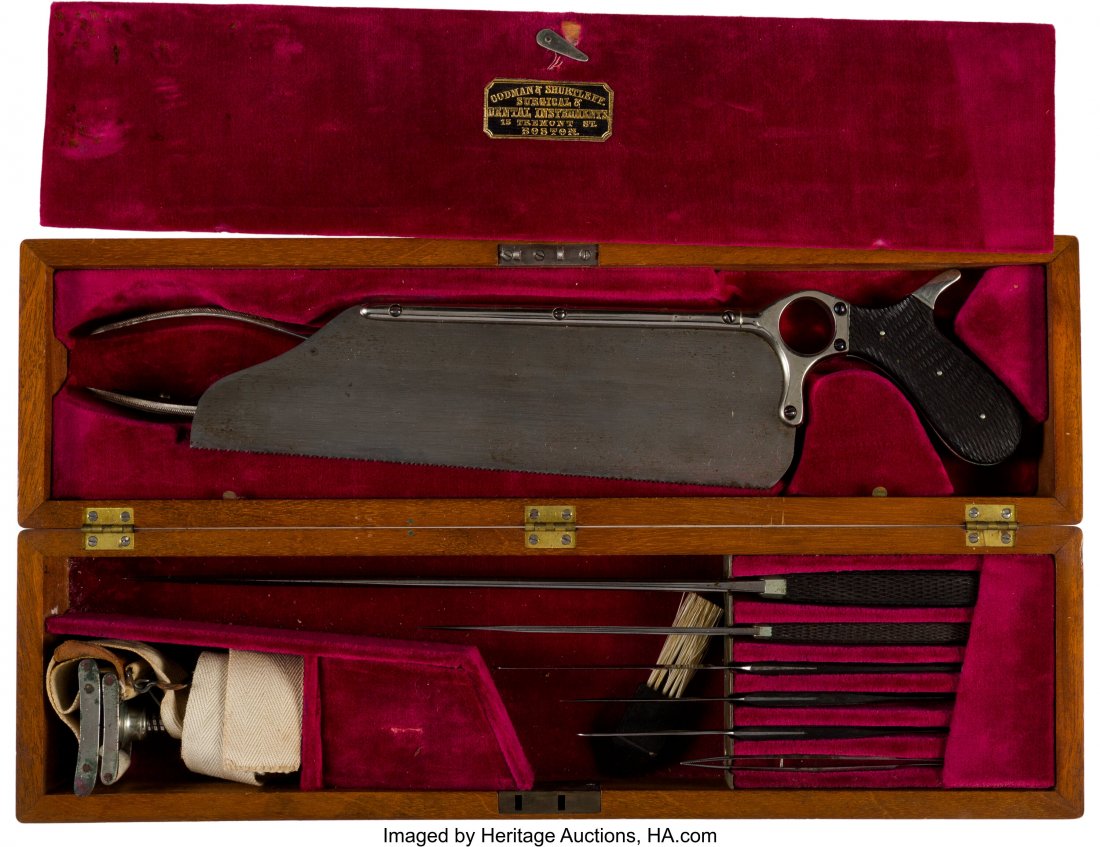 Civil War-Era Codman & Shurtleff Field Amputatio: Civil War-Era Codman & Shurtleff Field Amputation Kit. Housed in lacquered hard-wood case measuring approximately 16 x 4 1/2 x 3-inches, lined in red velvet with fitted compartmen