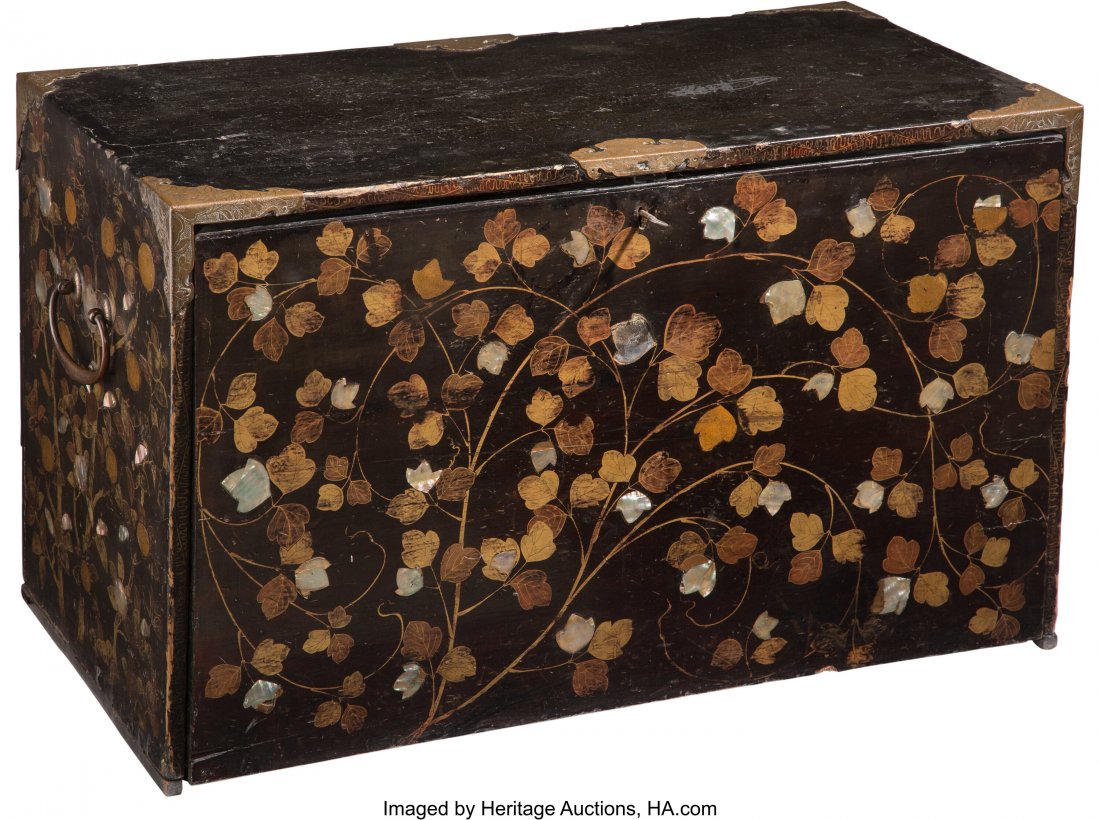 A Japanese Black Lacquered Wood and Mother of Pe: A Japanese Black Lacquered Wood and Mother of Pearl Inlaid Portable Writing Desk 18-1/2 x 31-1/2 x 16-1/2 inches (47.0 x 80.0 x 41.9 cm) H