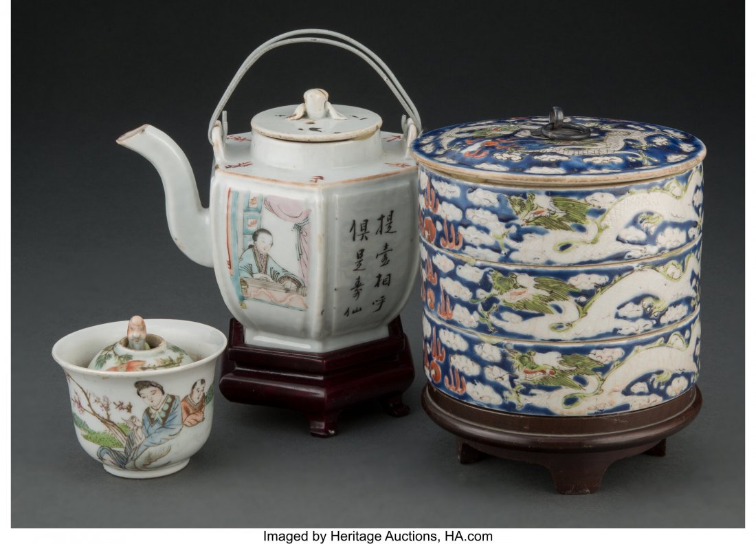 A Chinese Porcelain Teapot, Cup, and Tea Caddy S: A Chinese Porcelain Teapot, Cup, and Tea Caddy Set Marks to one example: four-character Guangxu 5-1/2 x 5 inches (14.0 x 12.7 cm) (largest, cad