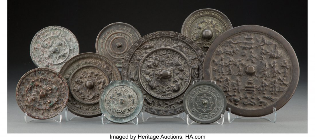 A Group of Nine Chinese Bronze Mirrors 7 inches : A Group of Nine Chinese Bronze Mirrors 7 inches (17.8 cm) (largest) HID03101062020 © 2020 Heritage Auctions | All Rights Rese