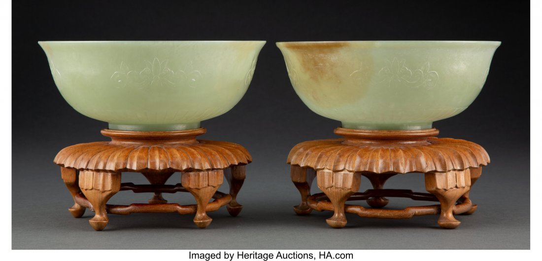A Pair of Chinese Carved Celadon Jade Bowls 2-3/: A Pair of Chinese Carved Celadon Jade Bowls 2-3/4 x 7-1/8 inches (7.0 x 18.1 cm) HID03101062020 © 2020 Heritage Auctions &ver