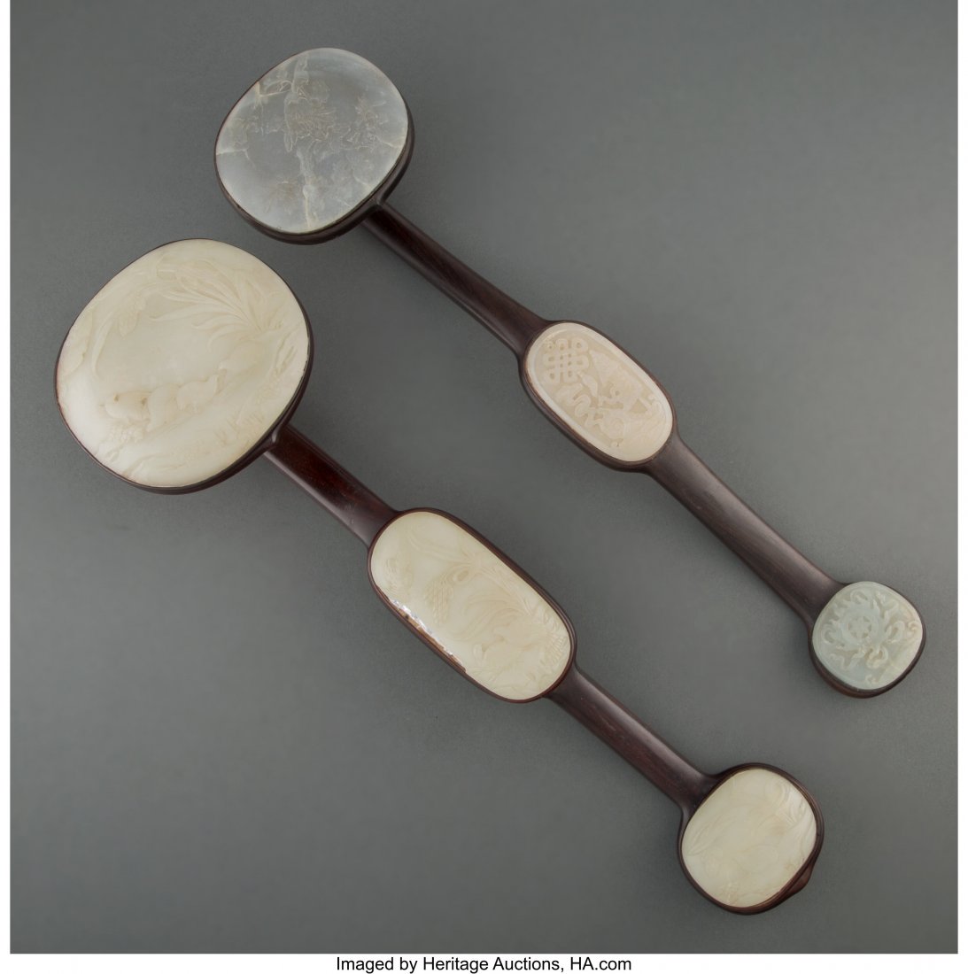 Two Chinese Jade and Wood Ruyi 18 x 4 x 5-1/2 in: Two Chinese Jade and Wood Ruyi 18 x 4 x 5-1/2 inches (45.7 x 10.2 x 14.0 cm) (tallest) HID03101062020 © 2020 Her