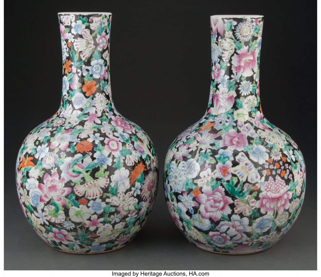 A Pair of Chinese Mille Fleur Vases Marks to one: A Pair of Chinese Mille Fleur Vases Marks to one: four-character Qianlong nian zhi mark 15-1/2 x 9-1/2 inches (39.4 x 24.1 cm) HID03101062020 &