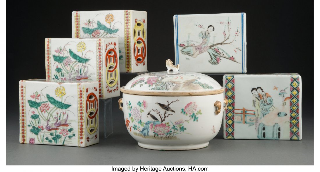A Group of Five Chinese Enamel Porcelain Pillows: A Group of Five Chinese Enamel Porcelain Pillows and Warmer Marks: four-character mark (three pillows); six-character mark (warmer) 6-3/4 x 7-1/2 inches (17