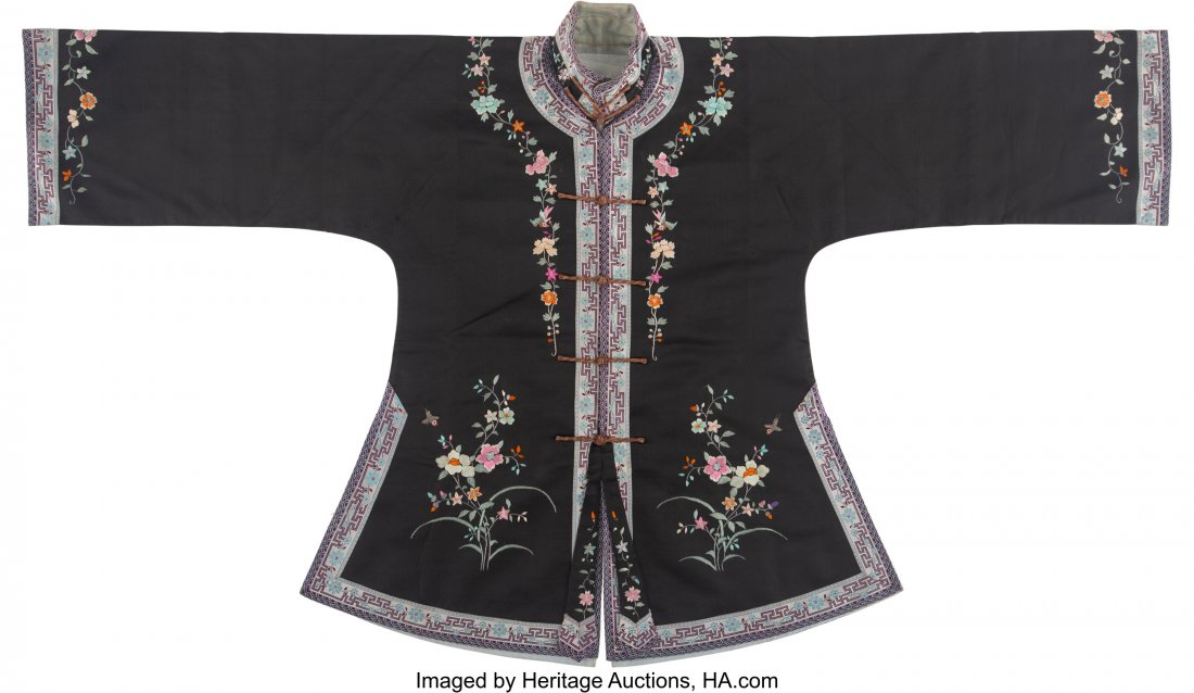 A Chinese Black Ground Embroidered Women's Silk: A Chinese Black Ground Embroidered Women's Silk Jacket 30 x 51-1/2 inches (76.2 x 130.8 cm) HID03101062020 © 2020 Heritage Auctio