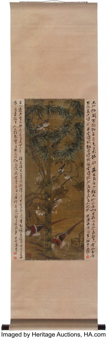 After Xu Xi (Chinese, 886-975) Bamboo, Birds, an: After Xu Xi (Chinese, 886-975) Bamboo, Birds, and Pheasant Ink and color on silk 40 x 14-1/2 inches (101.6 x 36.8 cm) (work) 80-1/