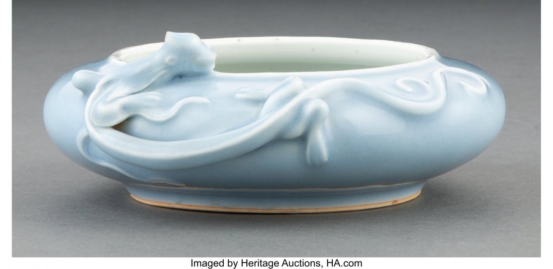 A Chinese Claire de Lune Brush Washer Marks: six: A Chinese Claire de Lune Brush Washer Marks: six-character Daqing Kangxi nian zhi mark in underglaze blue 2-1/4 x 5-1/2 inches (5.7 x 14.0 cm) 