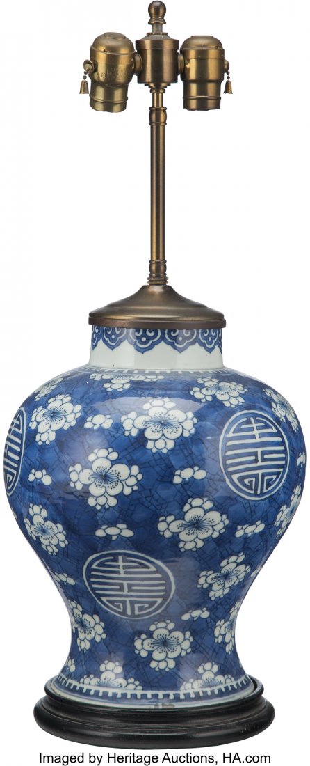 A Chinese Blue and White Lamp-Mounted Jar 24-1/2: A Chinese Blue and White Lamp-Mounted Jar 24-1/2 x 10-1/2 inches (62.2 x 26.7 cm) The porcelain component measuring 12-1/2 inches high. HI