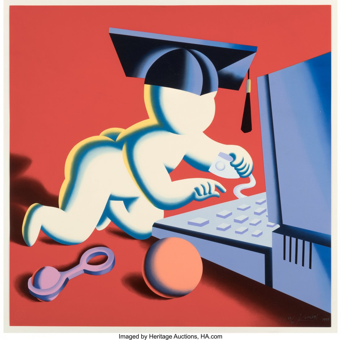 Mark Kostabi (American, b. 1960) The Early Nerd: Mark Kostabi (American, b. 1960) The Early Nerd Gets The Worm, 1993 Screenprint in color on paper 33-1/4 x 33-1/4 inches (84.5 x 84.5 cm) &
