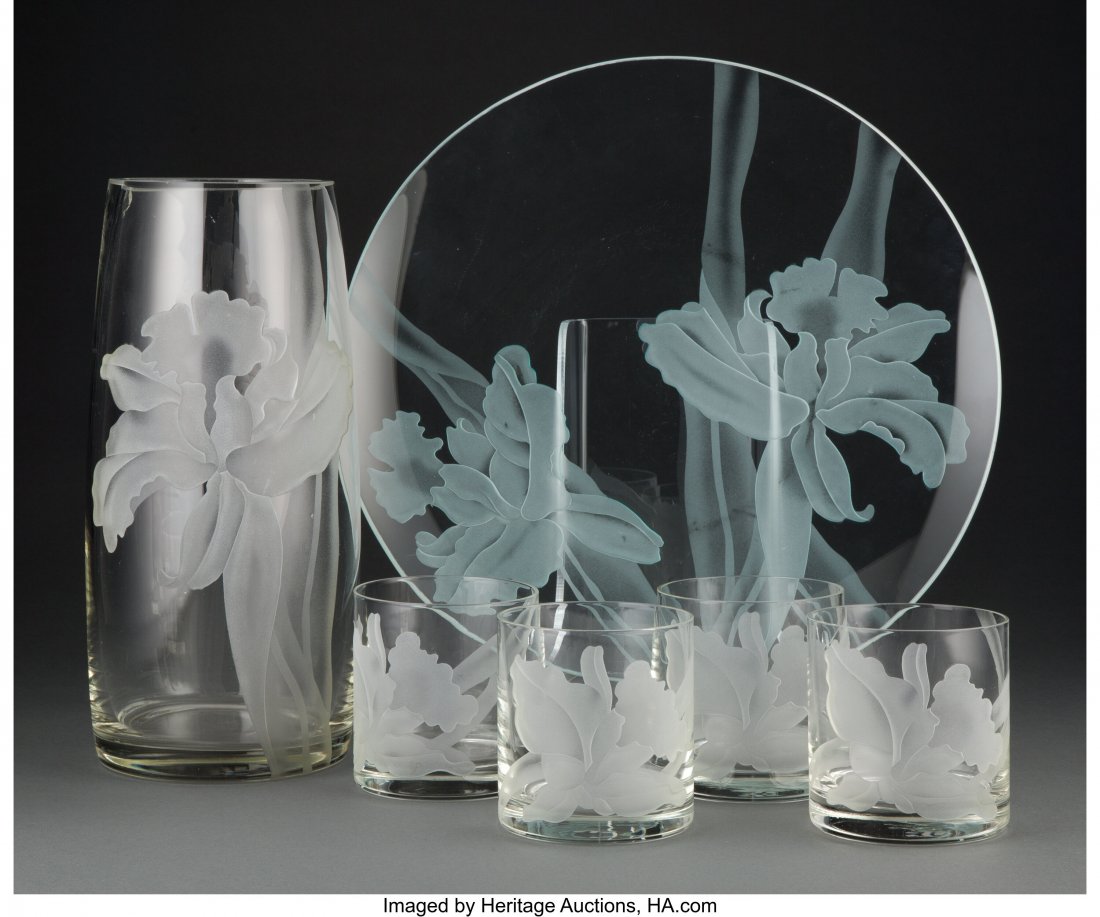 A Six-Piece Dorothy Thorpe Clear and Etched Glas: A Six-Piece Dorothy Thorpe Clear and Etched Glass DTC46 Pattern Glassware Service Marks: (T, cipher) 12-1/4 x 5-1/2 x 5-1/2 inches (31.1 x 14.0 x 1