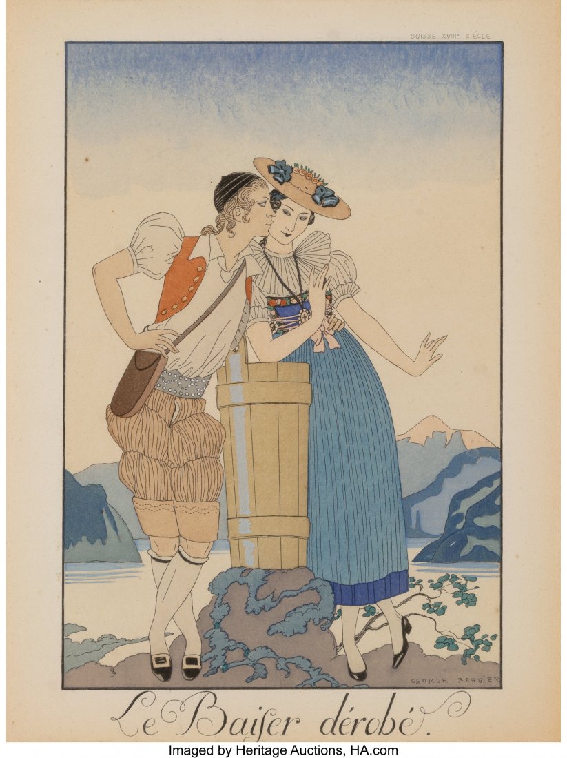 Georges Barbier (French, 1882-1932) The Stolen K: Georges Barbier (French, 1882-1932) The Stolen Kiss Pochoir in color on paper 6-1/4 x 4-1/4 inches (15.9 x 10.8 cm) (image) Published by H Pia