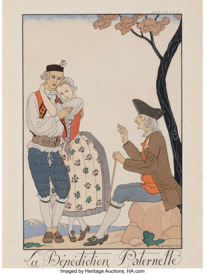 Georges Barbier (French, 1882-1932) La Bénedict: Georges Barbier (French, 1882-1932) La Bénediction Paternelle, 1922 Pochoir in colors on paper 6-1/4 x 4-1/4 inches (15.9 x 10.8 cm) (
