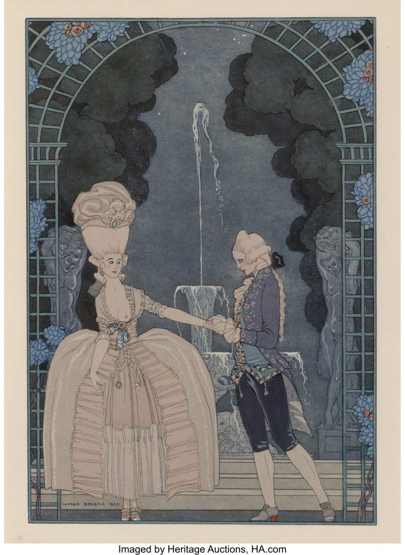 Georges Barbier (French, 1882-1932) Love under t: Georges Barbier (French, 1882-1932) Love under the Fountain illustration for Fetes Galantes, 1928 Pochoir in colors on paper 8-1/8 x 5-1/2 inches (20.6 x 14&p