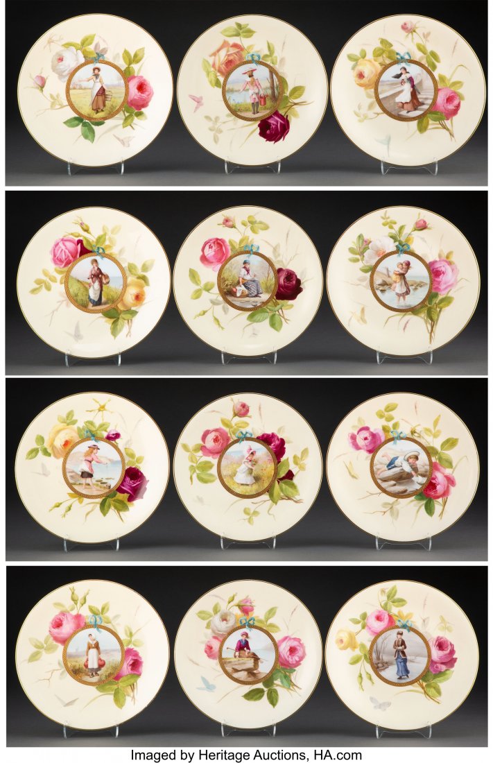 A Set of Twelve Mintons Painted Porcelain Cabine: A Set of Twelve Mintons Painted Porcelain Cabinet Plates Retailed by George C. Shreve & Co., late 19th century Marks to each: (crowned globe), MINTONS&com