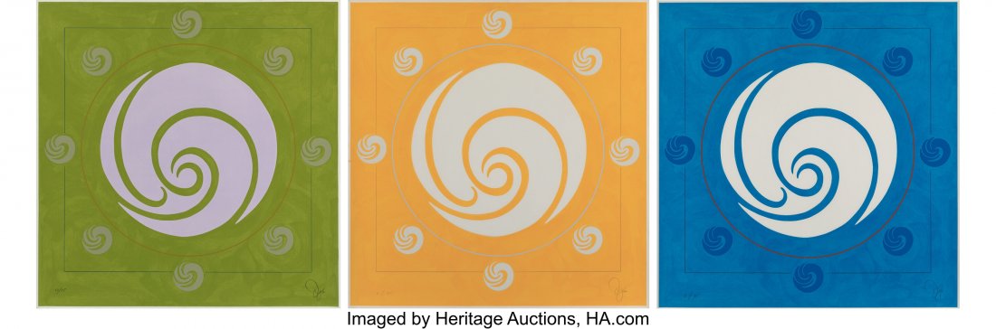 Jack Youngerman (1926-2020) Group of Three, from: Jack Youngerman (1926-2020) Group of Three, from Galaxy (Apple Green, Yellow Orange, and Blue), 1981-82 Silkscreens with pochoir and intaglio in colors on w