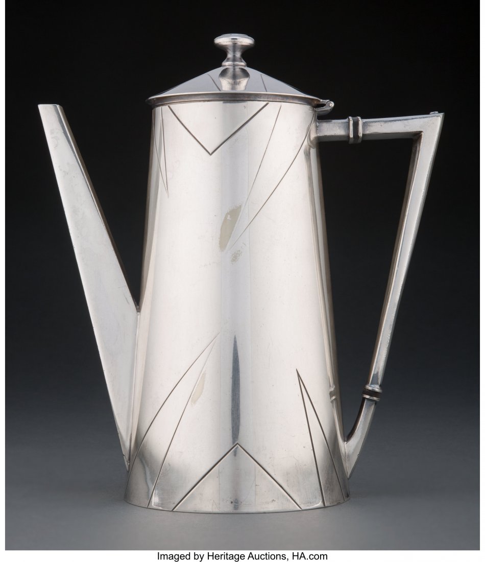 Louis W. Rice (American, 1872-1933) 'Shadowardt': Louis W. Rice (American, 1872-1933) 'Shadowardt' Coffee Pot, circa 1930, Apollo Studios, division of Bernhard Rice's Sons, Inc. Silverplate 9-1&so