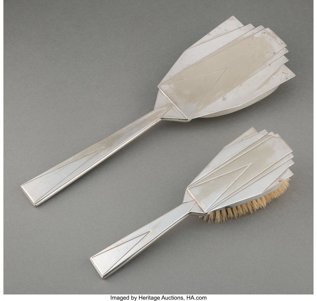 Louis W. Rice (American, 1872-1933) Mirror and B: Louis W. Rice (American, 1872-1933) Mirror and Brush, circa 1928, Apollo Studios, division of Bernhard Rice's Sons, Inc. Silverplate 15 x 5-1/