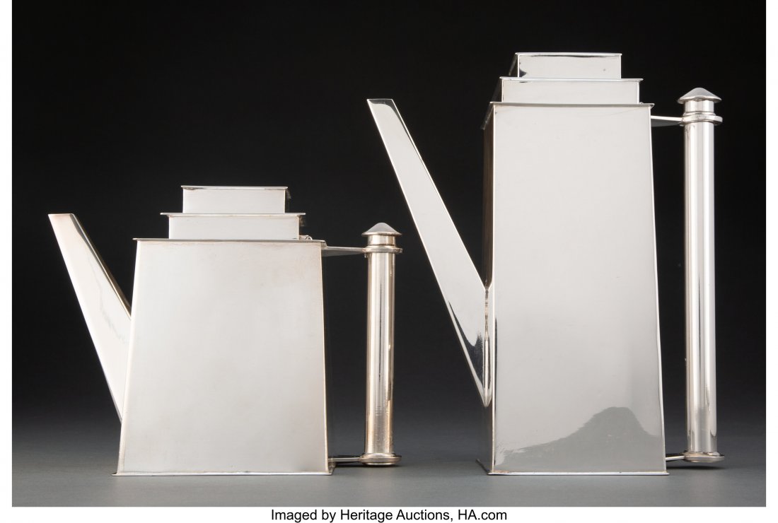 Louis W. Rice (American, 1872-1933) Sky-scraper: Louis W. Rice (American, 1872-1933) Sky-scraper Coffee Pot and Teapot, circa 1928, Apollo Studios, division of Bernhard Rice's Sons, Inc. Silverpl
