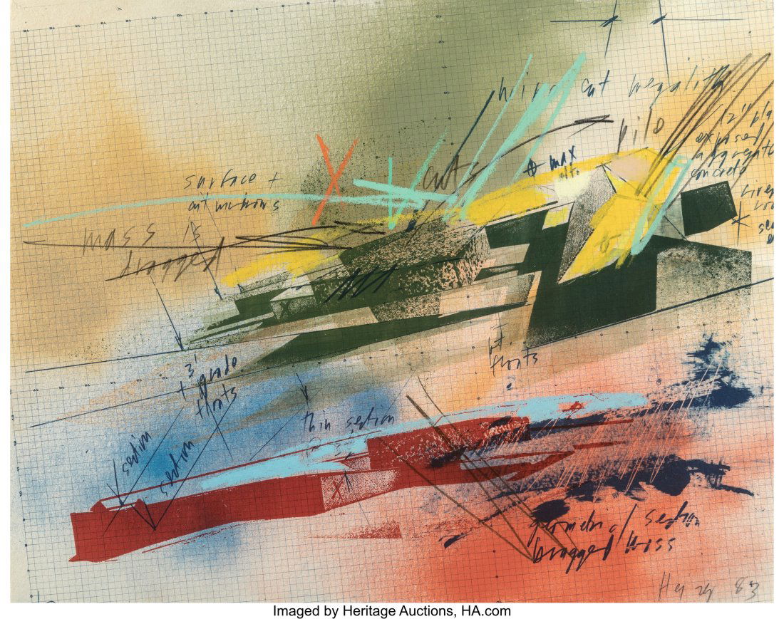 Michael Heizer (b. 1944) Untitled (Mass is Dragg: Michael Heizer (b. 1944) Untitled (Mass is Dragged), 1983 Monotype in colors on wove paper 24-1/4 x 30-1/4 inches (61.6 x 76.8 cm) &lpa