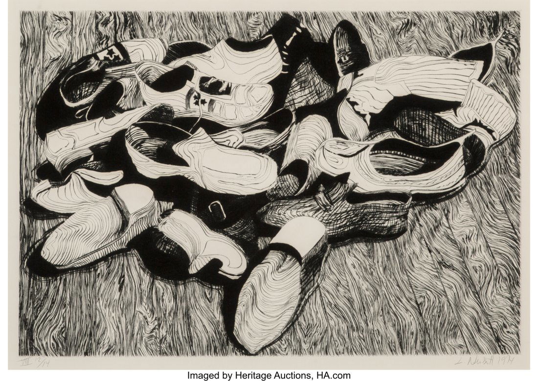 Lowell Nesbitt (1933-1993) Shoes, 1974 Drypoint: Lowell Nesbitt (1933-1993) Shoes, 1974 Drypoint and aquatint on paper 19-1/4 x 28 inches (48.9 x 71.1 cm) (image) Ed. 12/14 Signed&comm