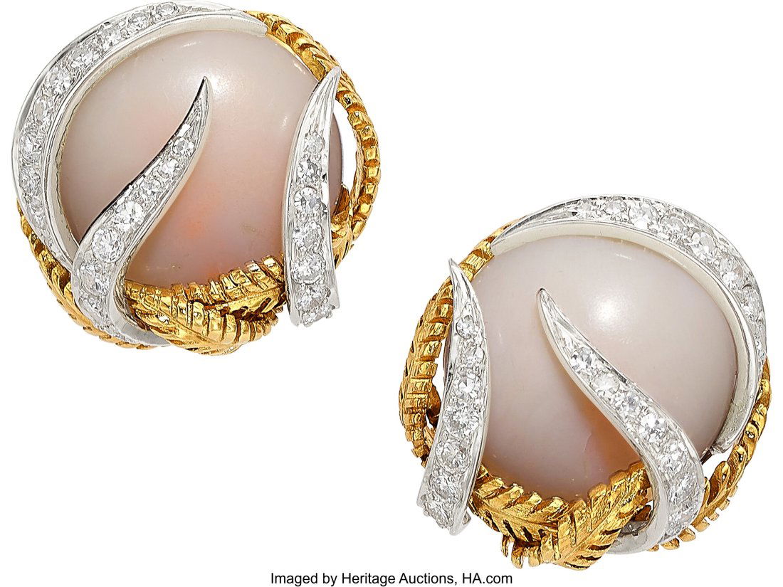 David Webb Coral, Diamond, Gold Earrings  Stones (1 of 2)